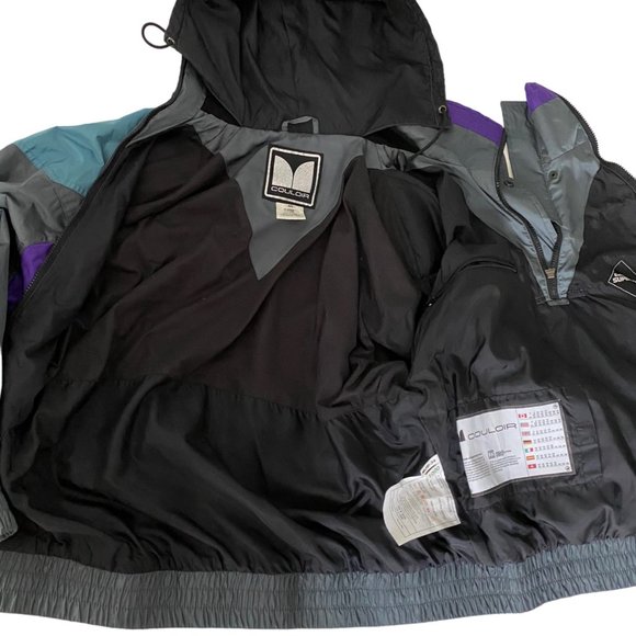 Vtg Couloir Mens Hooded Windbreaker Jacket Sz 40 Green Entrant Nylon Colorblock - Picture 10 of 16